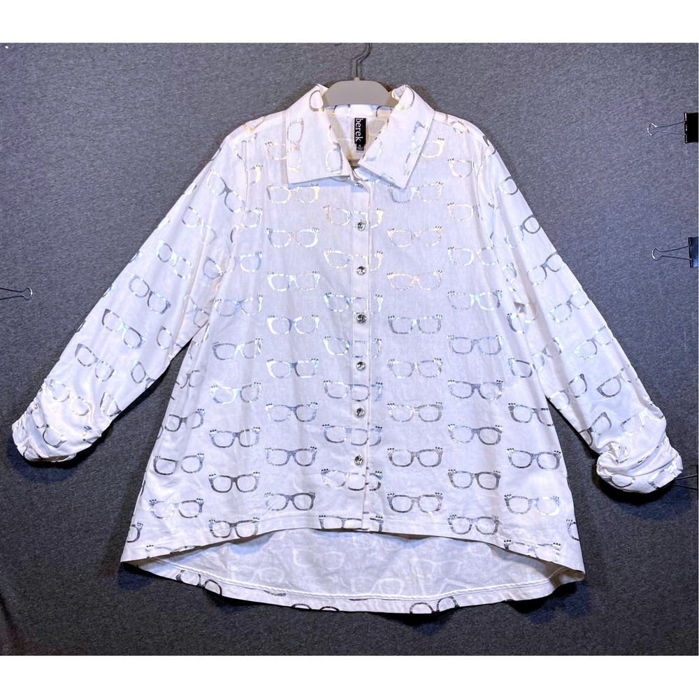 Berek Womens XL White Silver Foil Eyeglasses Rhinestone High Low Button Up Shirt
